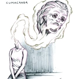 Cumacanga, a creature from brazilian folklore. It is a cursed woman that at night has its head detached from its body to become a flaming thing that haunts and spreads evil and madness.