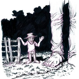 Cresce-Míngua/Grow-and-Shrink, characters from brazilian folklore. They are two mini men that grow extremely high very fast and then shrink again. They haunt farm gates and fences at night, bringing a lot of misfortune to those that see them.