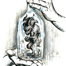 Cramulhão or Famaliá/Small Bottled Familiar, a creature from brazilian folklore. Also found in other countries.They say it can fulfill all your wishes with its magic, but at a high cost. All it demands in care is a drop of its owner's blood from time to time. And that there is a recipe to create one. You need to find a rooster's egg, sometimes a cat's eye, and leave it in a pile of dung while you say the ritual, giving your soul to an evil creature. After 40 days you can find in that spot the little thing, knowing you will have all you want and that your soul is doomed.
