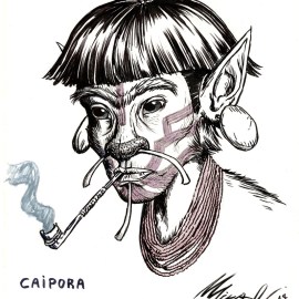 Caipora/Caapora, a creature from brazilian folklore. In the jungles and forests of Brazil lives a small humanoid called Caipora, often seen riding a group of wild boars. Some say it looks like a dark hairy dwarf, others that it's more like an indigenous native, almost a child. They even say it's a giant! But all agree it is a fierce protector of the wild, punishing those who trespass and disrespect nature. It loves tobacco, and one way of appeasing it is to leave a little bit before entering the woods.