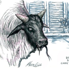 Black-Faced Ox, creature from brazilian folklore. Featuring in an old children's song, the Black-Faced Ox is supposed to catch the child that misbehaves and is frightened to grow up. Boi, in this case, is derived from Mboi, which in tupi (a language used by some indigeous groups) means snake.